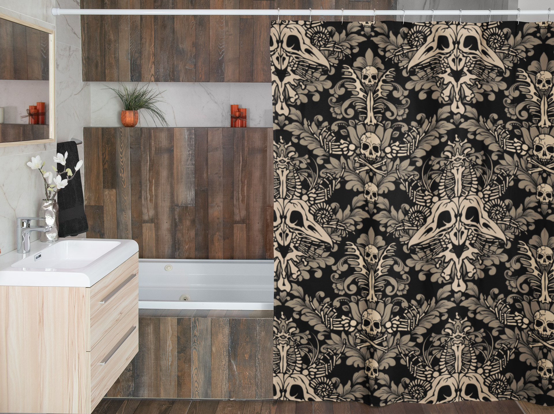 Damask Bones Shower Curtain - Beige - Red Finch Creations