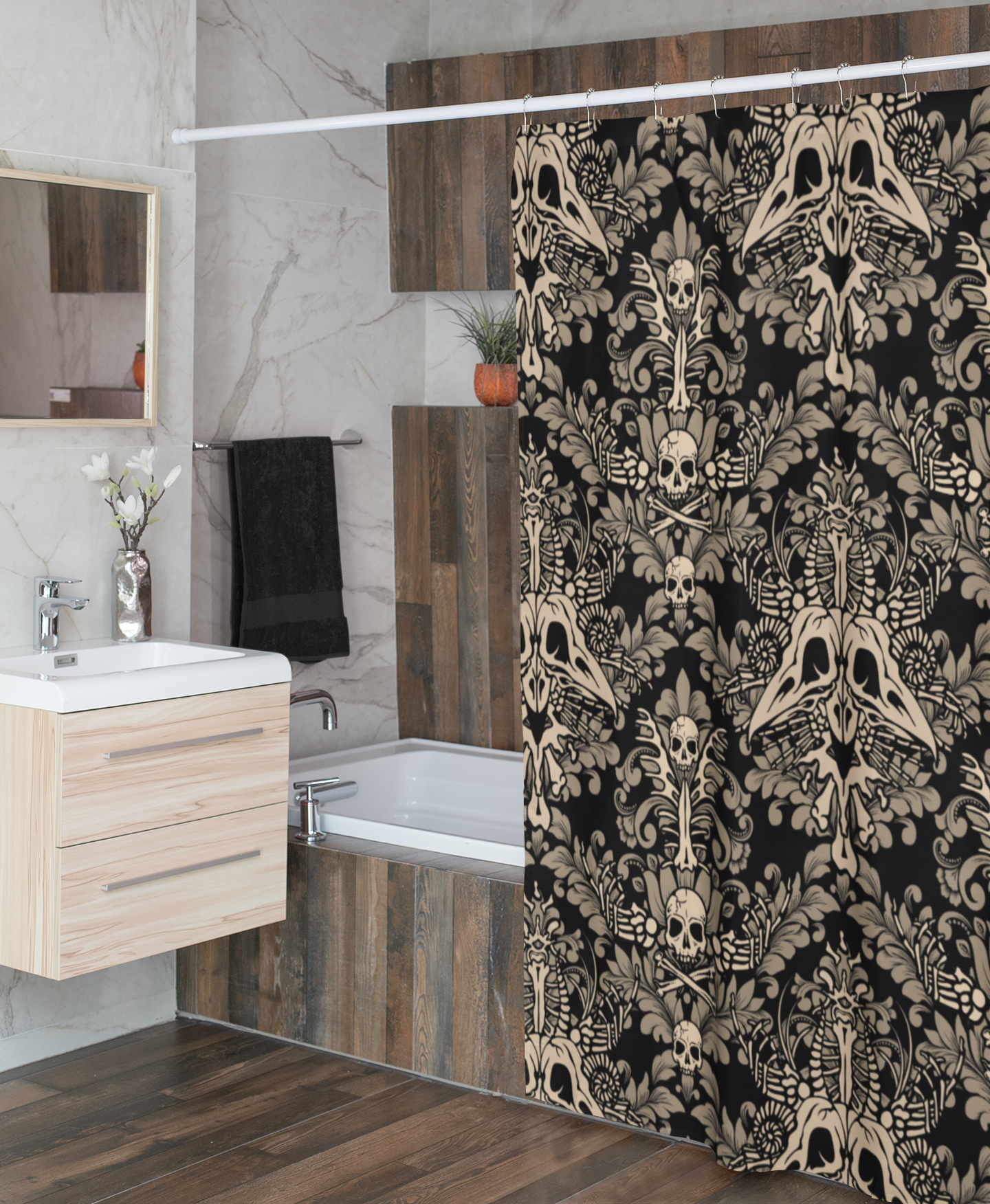 Damask Bones Shower Curtain - Beige - Red Finch Creations