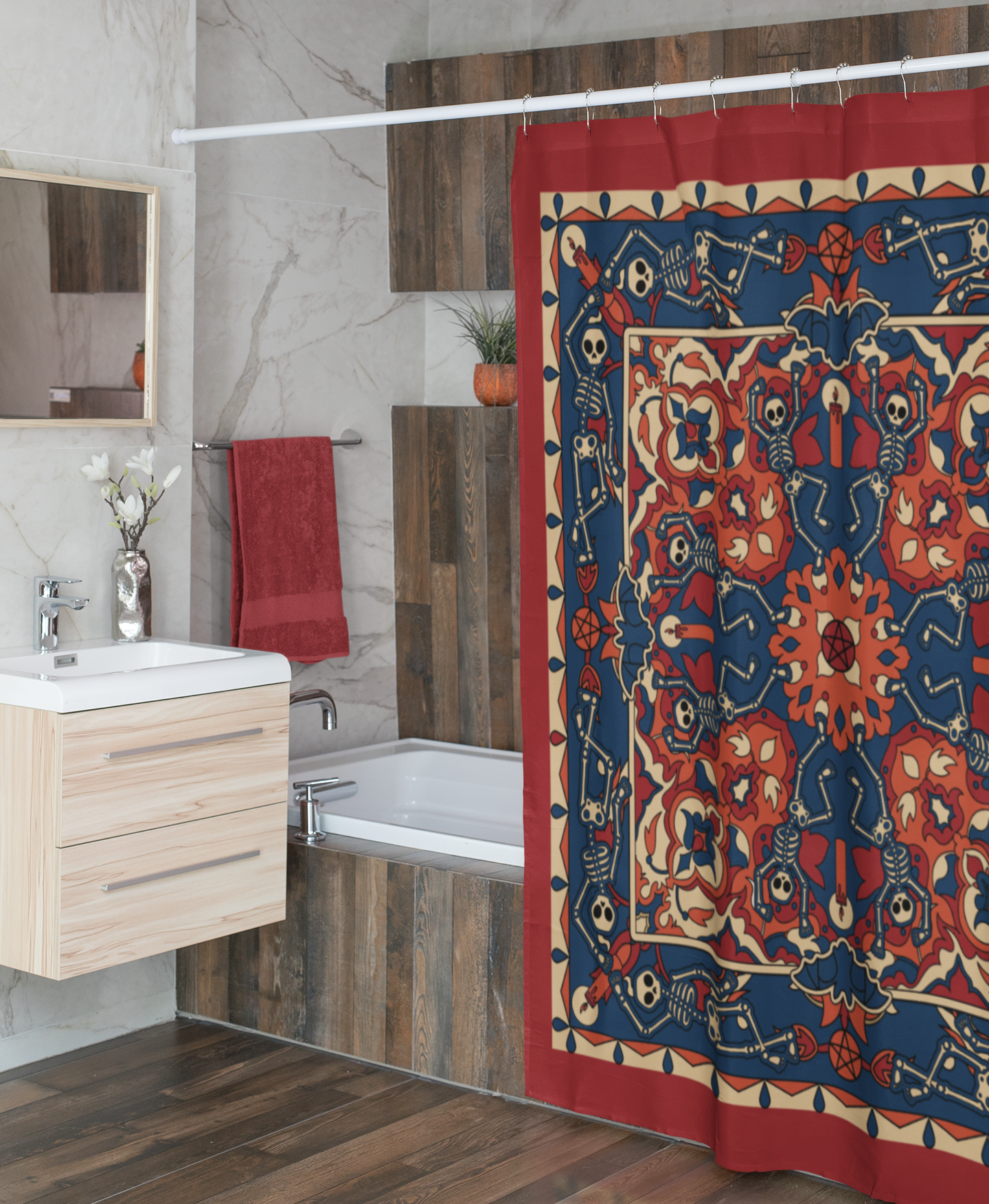 Dancing Skeleton Shower Curtain - Rust Red & Midnight Blue - Red Finch Creations