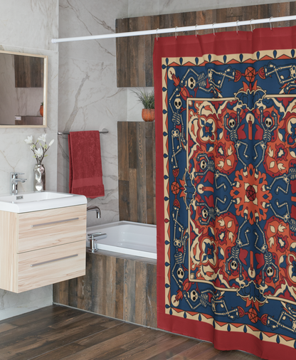 Dancing Skeleton Shower Curtain - Rust Red & Midnight Blue - Red Finch Creations