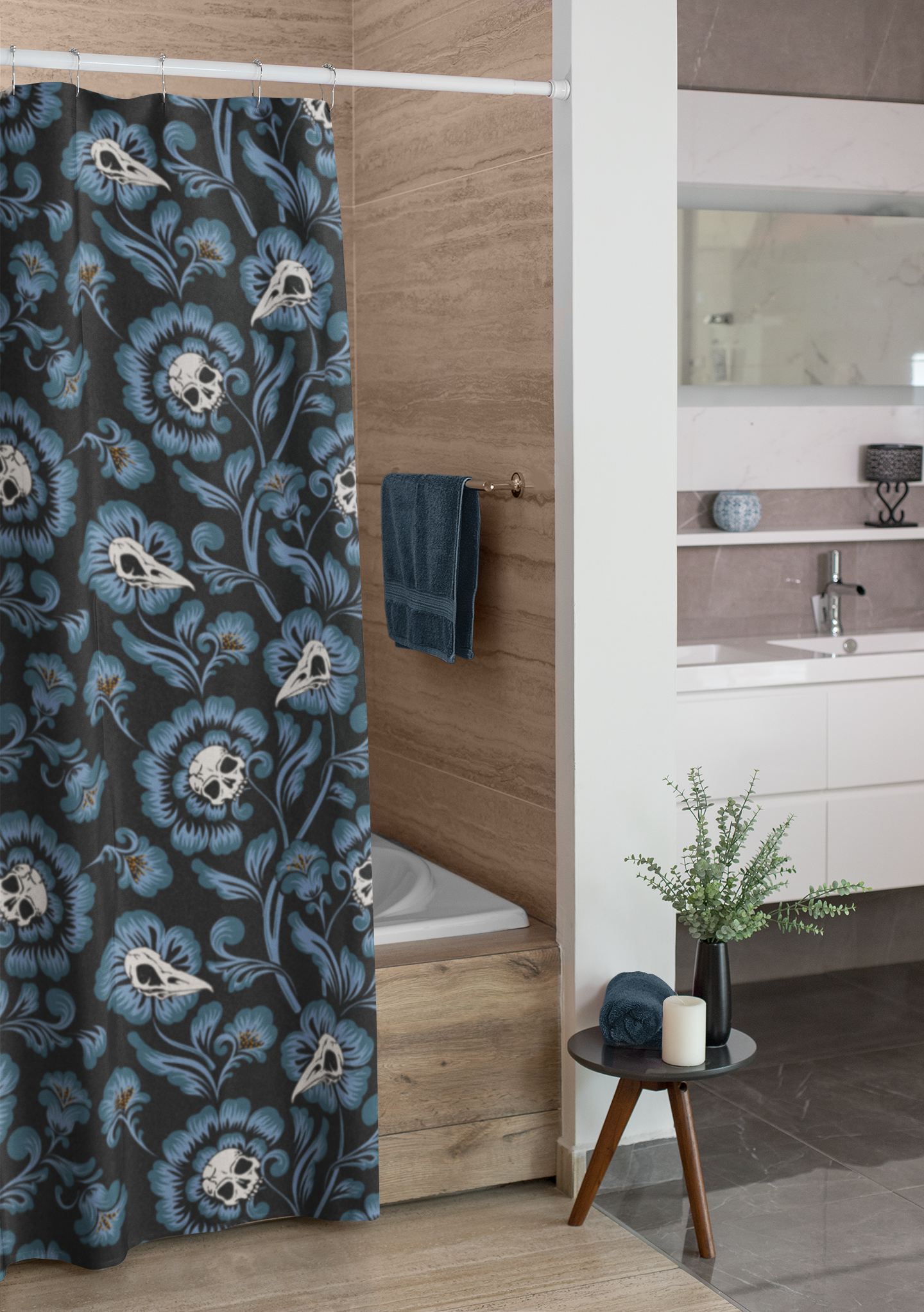 Gothic Victorian Floral Skull Shower Curtain - Blue - Red Finch Creations