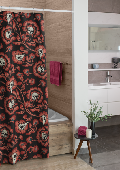Gothic Victorian Floral Skull Shower Curtain - Red - Red Finch Creations