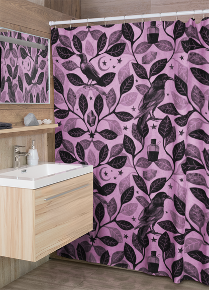 Witchy Watercolor Raven Shower Curtain - Pink - Red Finch Creations