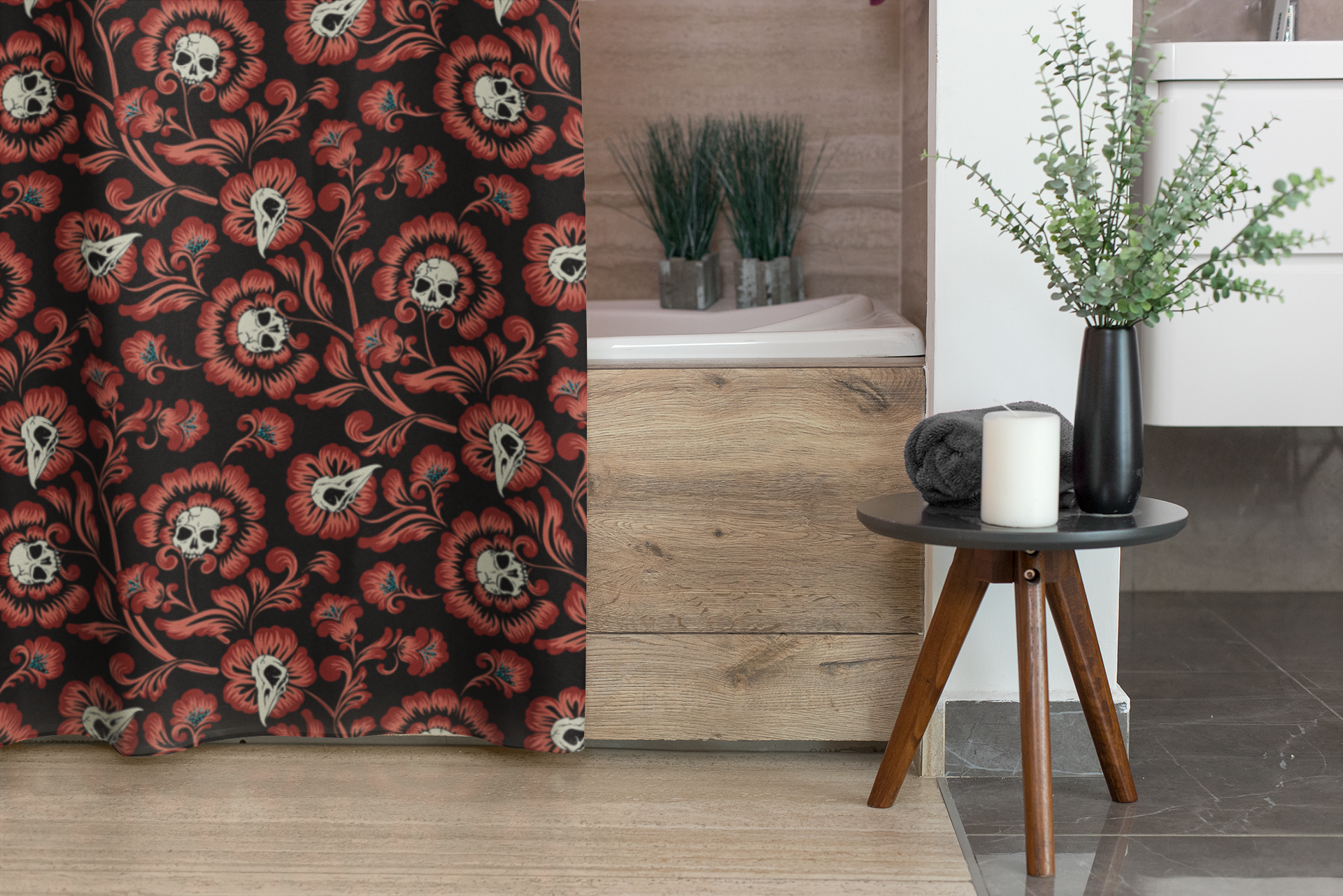 Gothic Victorian Floral Skull Shower Curtain - Red - Red Finch Creations