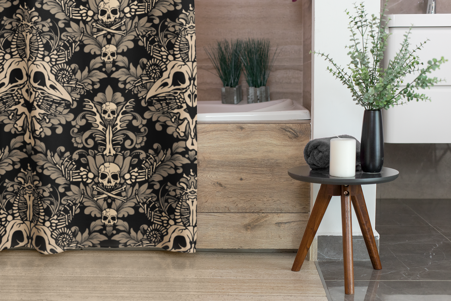 Damask Bones Shower Curtain - Beige - Red Finch Creations