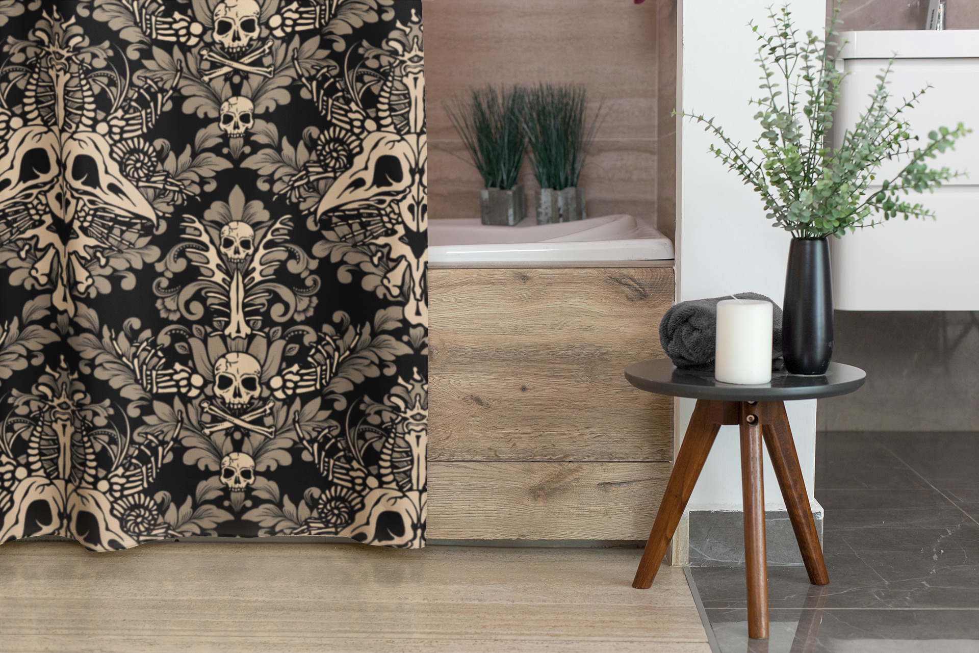 Damask Bones Shower Curtain - Beige - Red Finch Creations