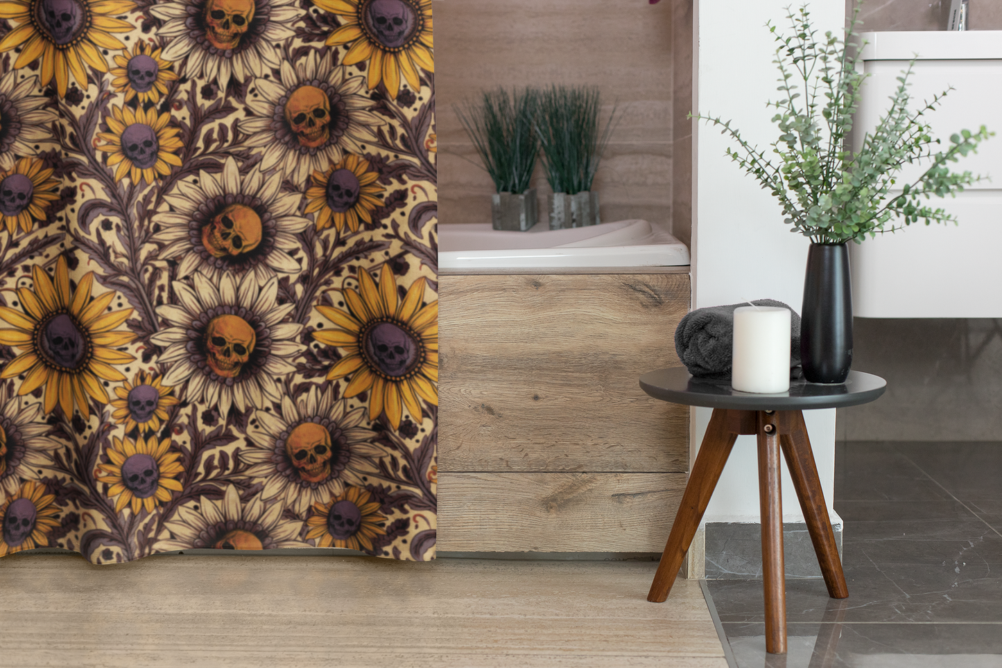 Fall Sunflower Skull Shower Curtain - Red Finch Creations