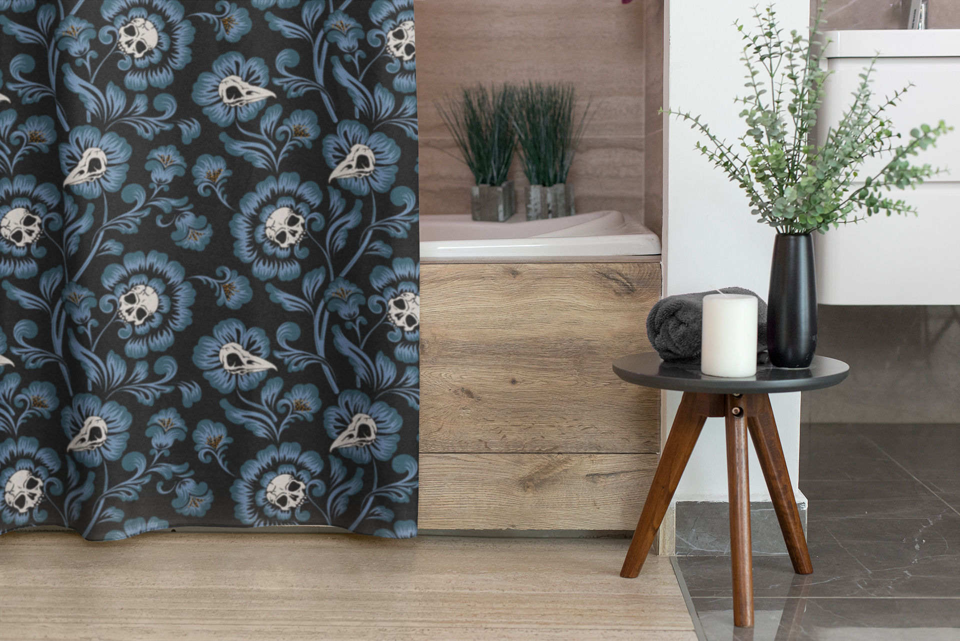 Gothic Victorian Floral Skull Shower Curtain - Blue - Red Finch Creations