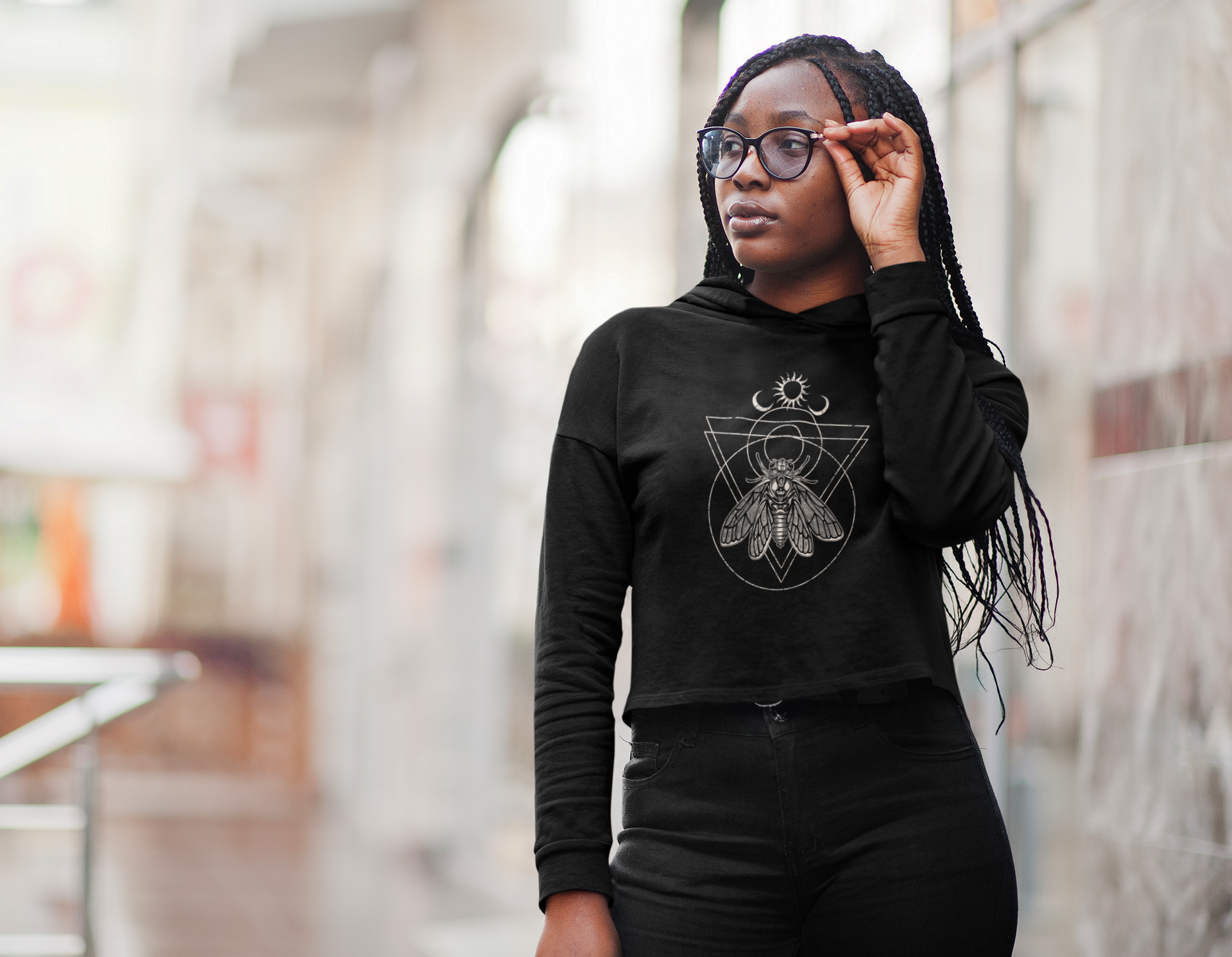 Witchy Occult Cicada Cropped Hooded Sweatshirt - Black – Red Finch Witchy Occult Cicada Cropped Hooded Sweatshirt - Black – Red Finch