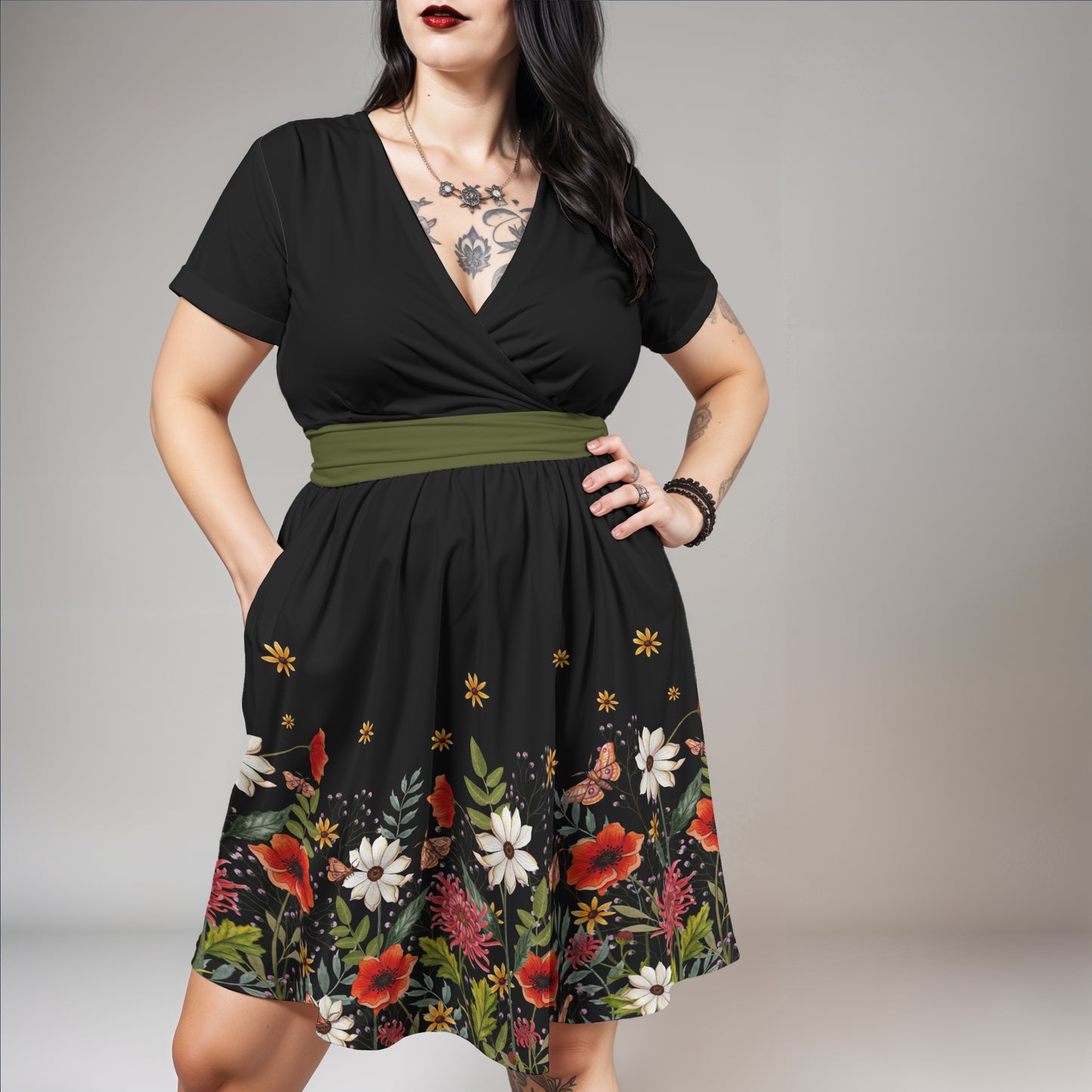 Moody Floral V-Neck Dress w/ Pockets