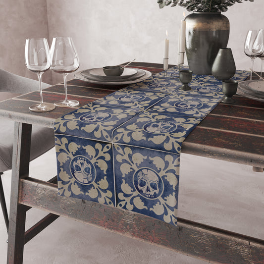 Spooky Moorish Tile Table Runner - Blue & Beige - Red Finch Creations