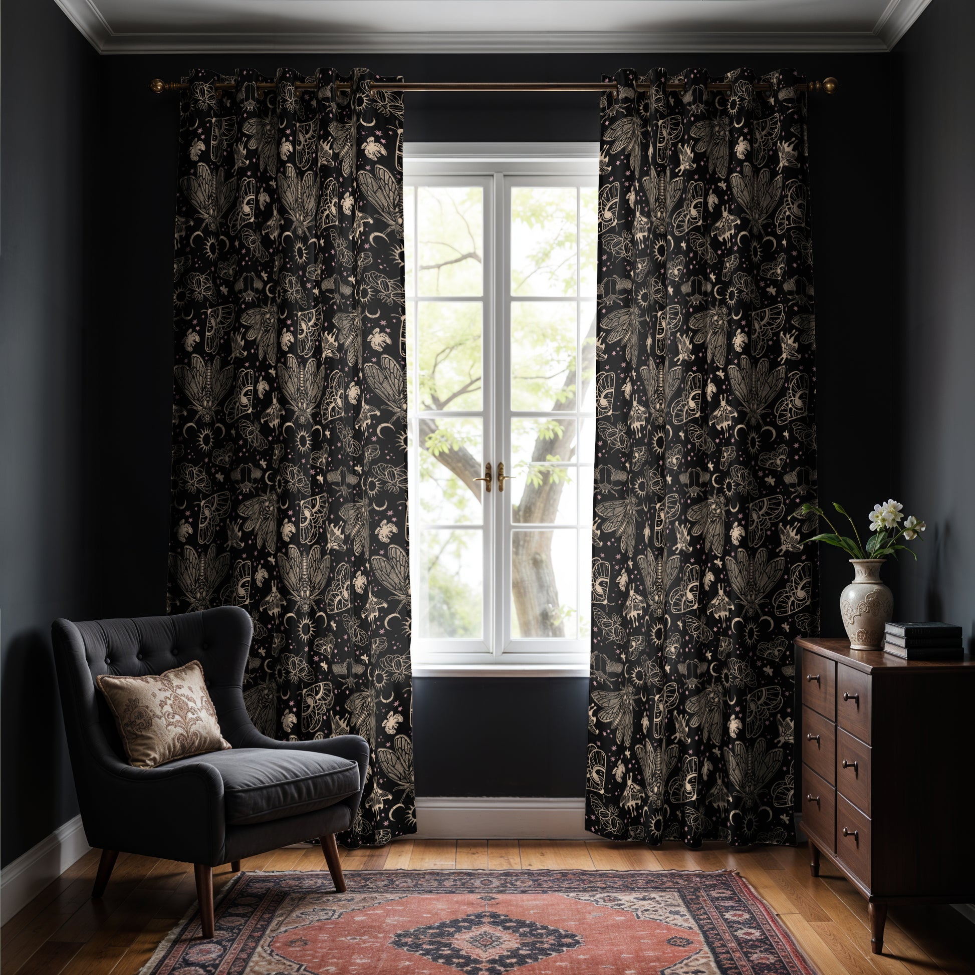 occult cicada curtains in a dark academia sitting room with moody gothic vibes