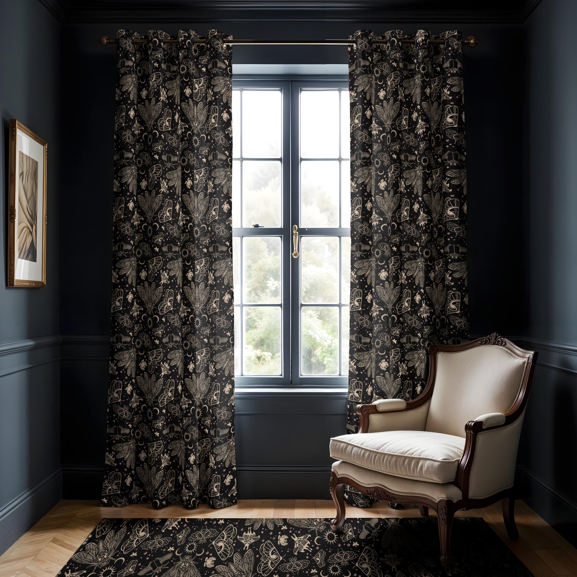 occult cicada moth curtains in a dark academia sitting room with witchy gothic vibes
