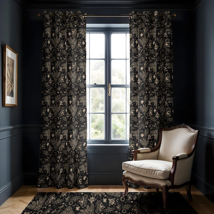 occult cicada moth curtains in a dark academia sitting room with witchy gothic vibes