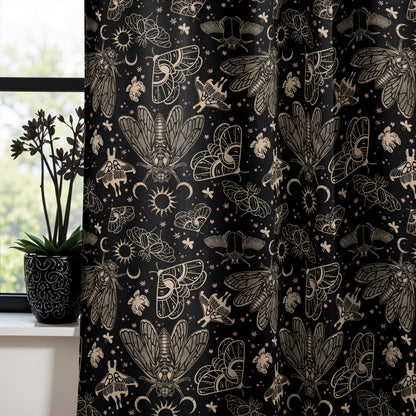 occult cicada curtains with witchy vibes in front of a gothic window with black flowers