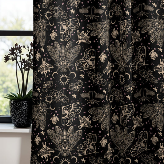 occult cicada curtains with witchy vibes in front of a gothic window with black flowers