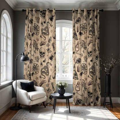 occult witchcraft window curtain in beige and black in a gothic living room