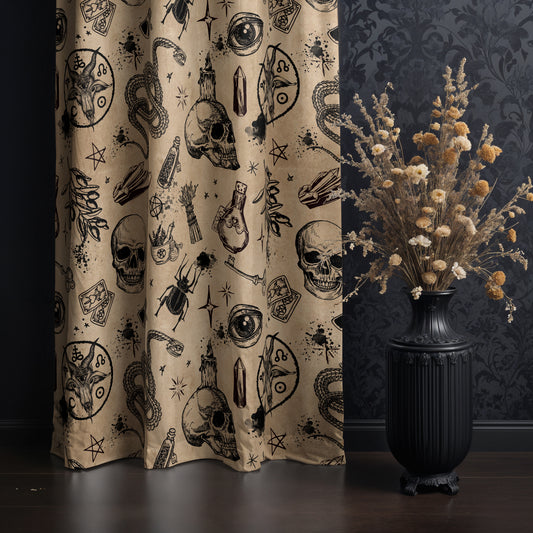 occult witchcraft window
curtain in beige and black in a witchy gothic room