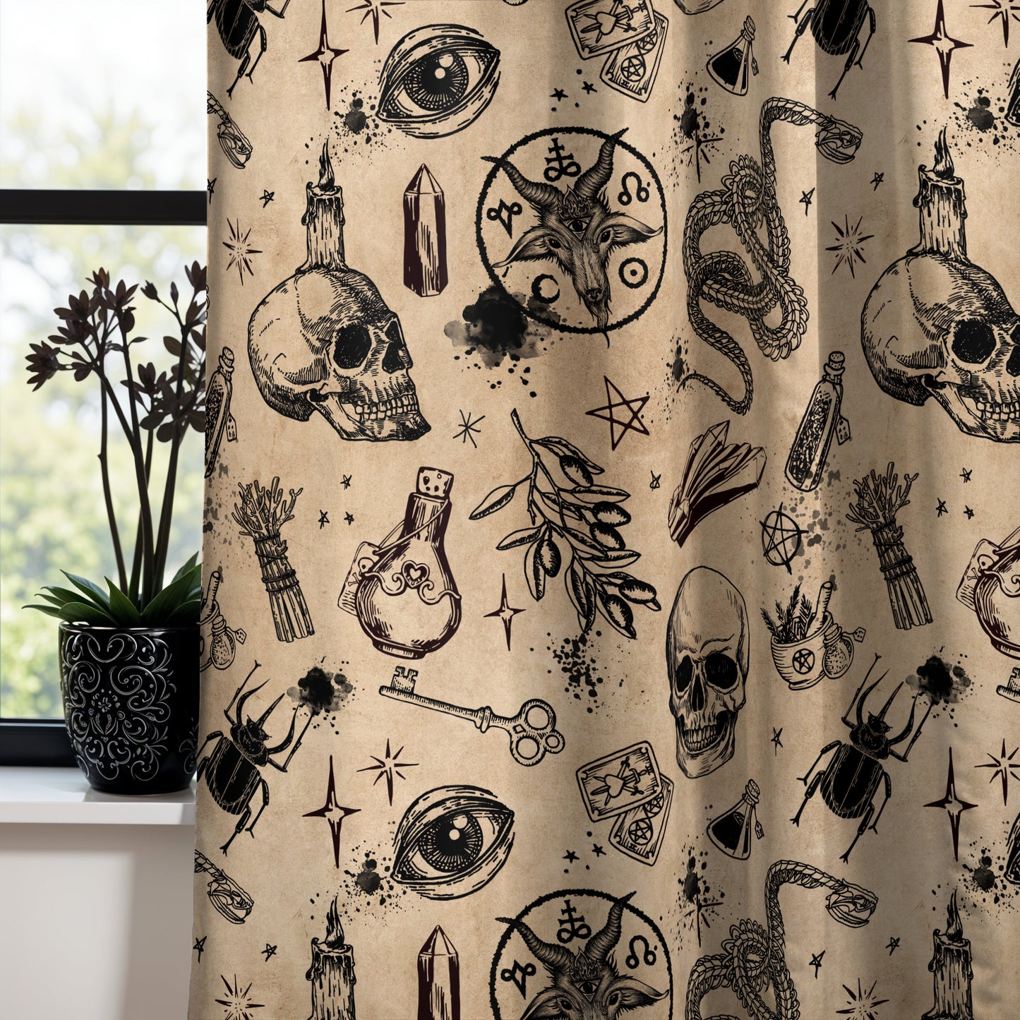 occult witchcraft window curtain in beige and black in front of a gothic window with black flowers