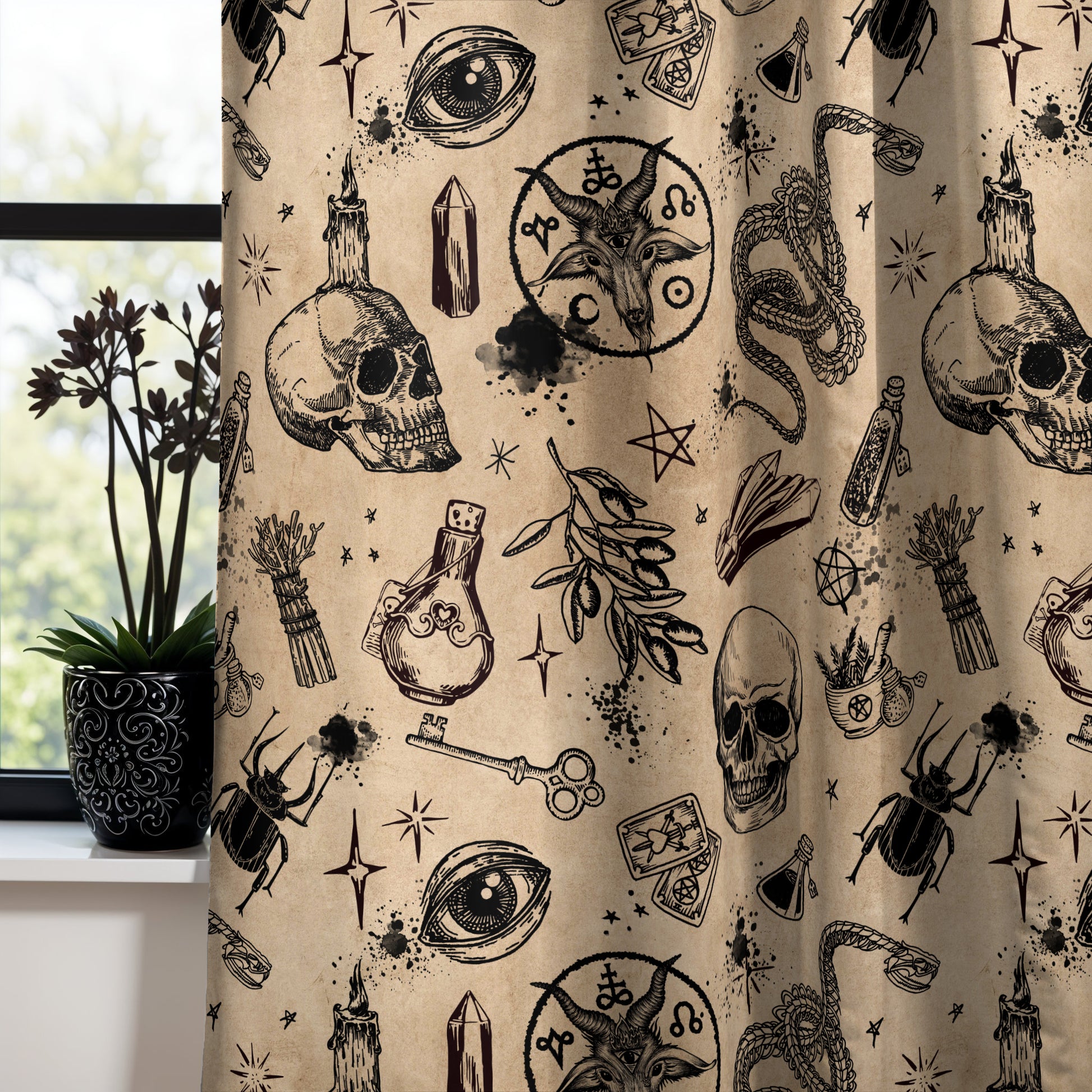 occult witchcraft window curtain in beige and black in front of a gothic window with black flowers