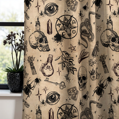 occult witchcraft window curtain in beige and black in front of a gothic window with black flowers