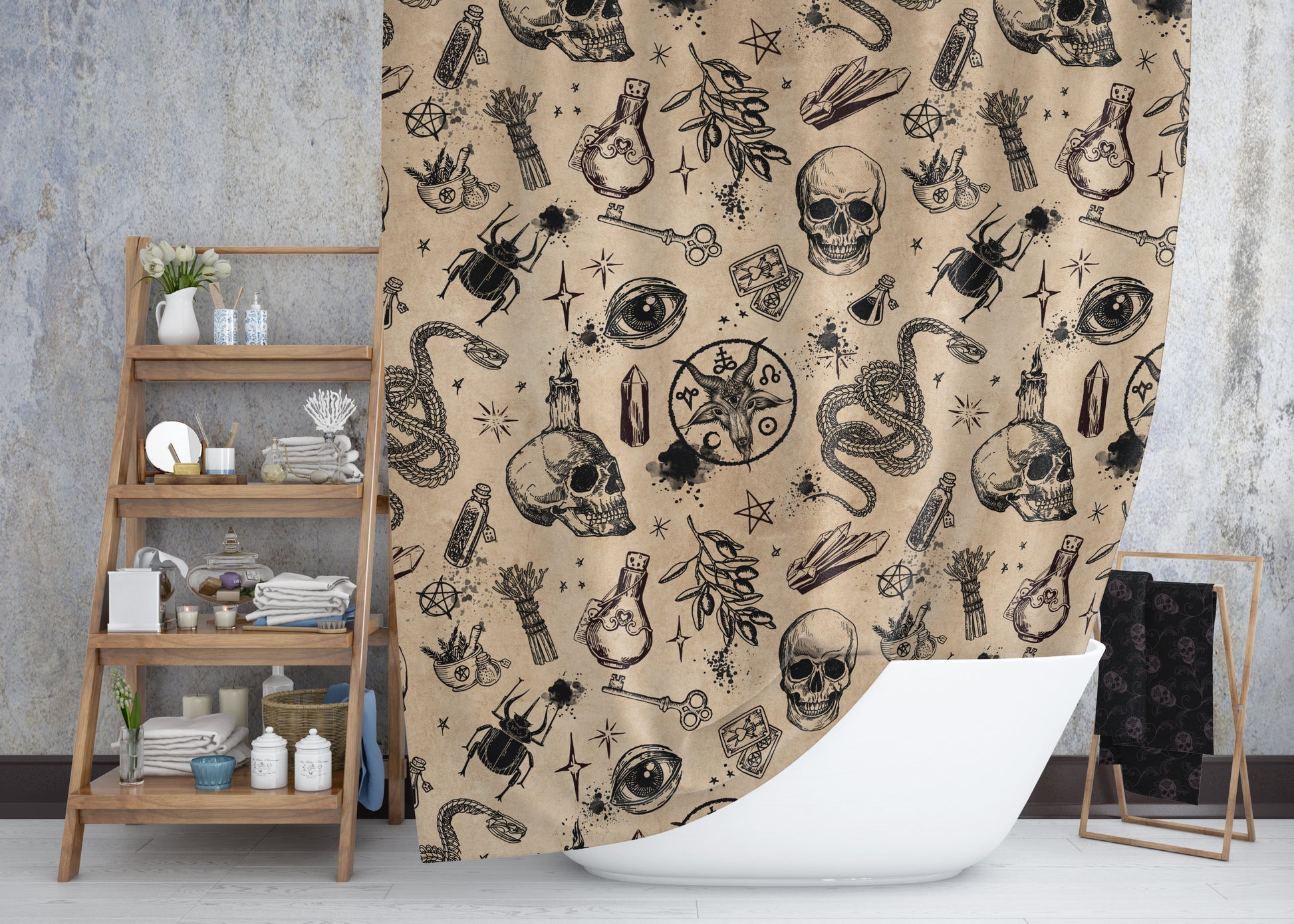 Occult Witchcraft Shower Curtain - Beige - Red Finch Creations