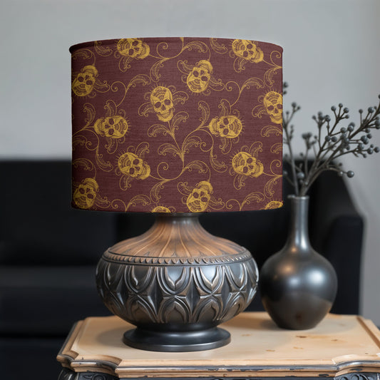Ornate Skull Drum Lamp Shade - Red + Gold