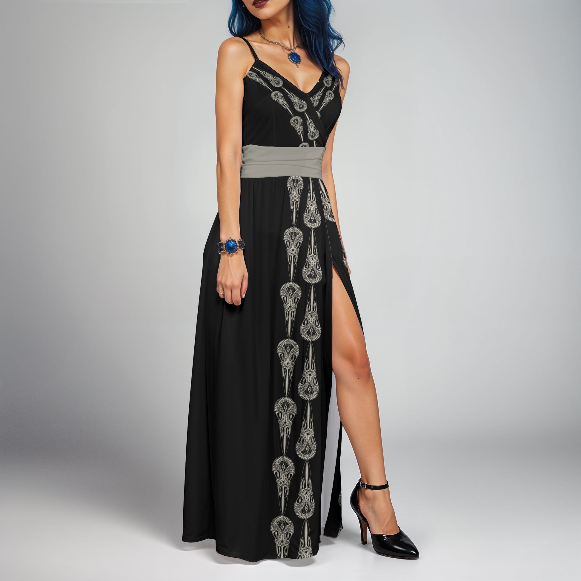 Ornate Gothic Raven Skull Evening Gown in Black and Grey on a witchy woman with blue hair