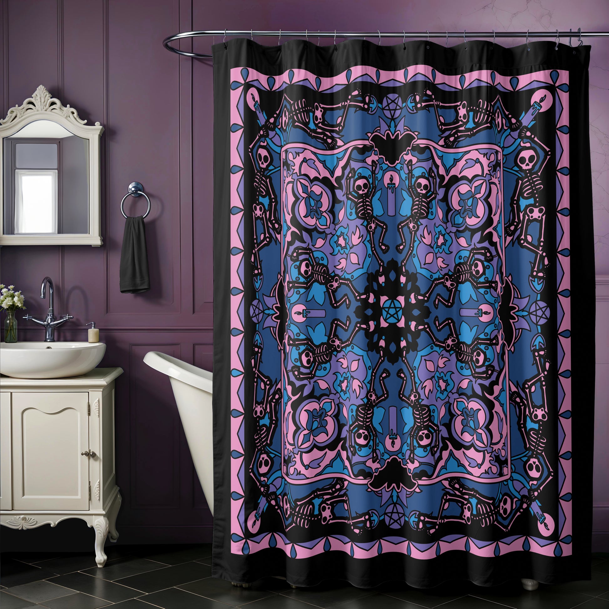 Dancing Skeleton Shower Curtain - Pink & Black - Red Finch Creations