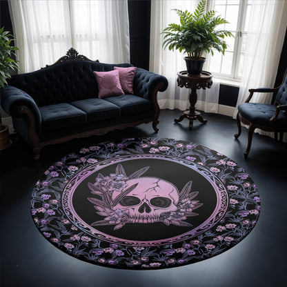 Pastel Goth Floral Round Rug - Pink & Black