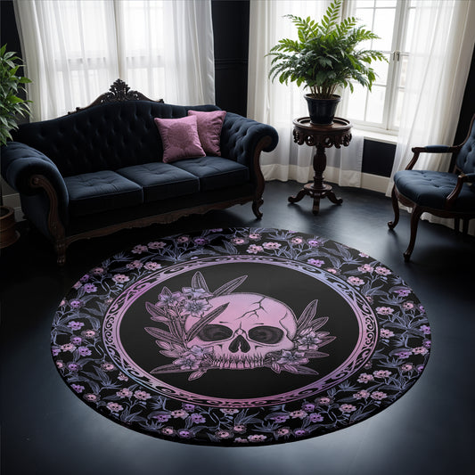 Pastel Goth Floral Round Rug - Pink & Black