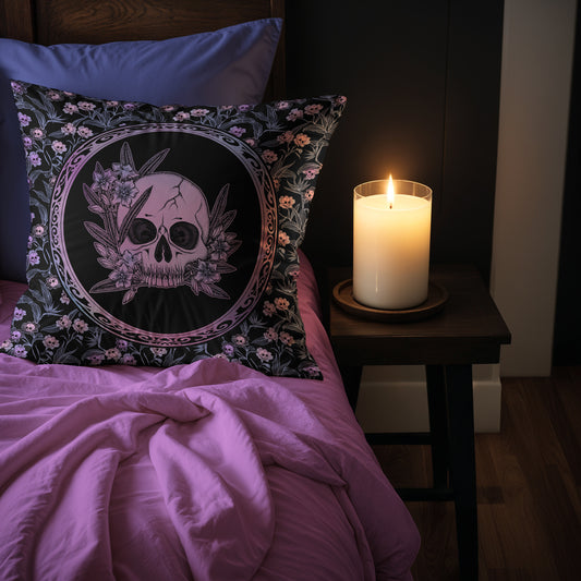 Pastel Goth Floral Skull Throw Pillow Case - Black & Pink - Red Finch Creations
