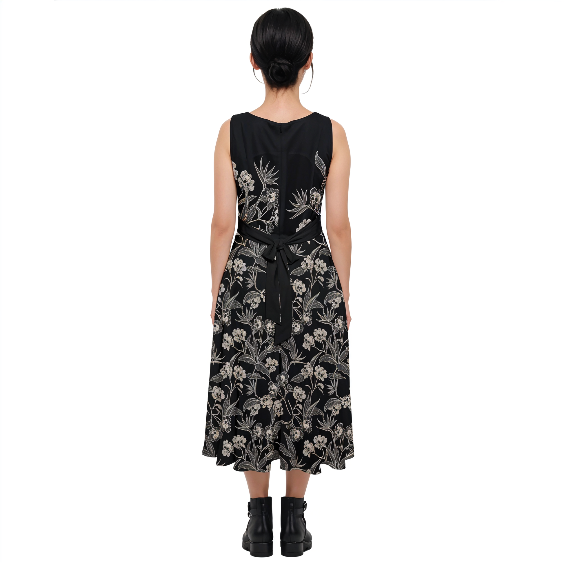 Gothic Floral Midi Tie-Back Chiffon Dress - Red Finch Creations