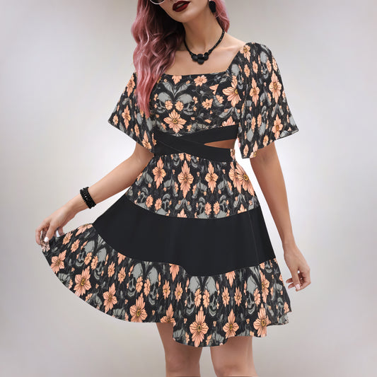 Floral Skull & Bat Flared Sleeve Cut-out Dress - Pink & Black - Red Finch Creations