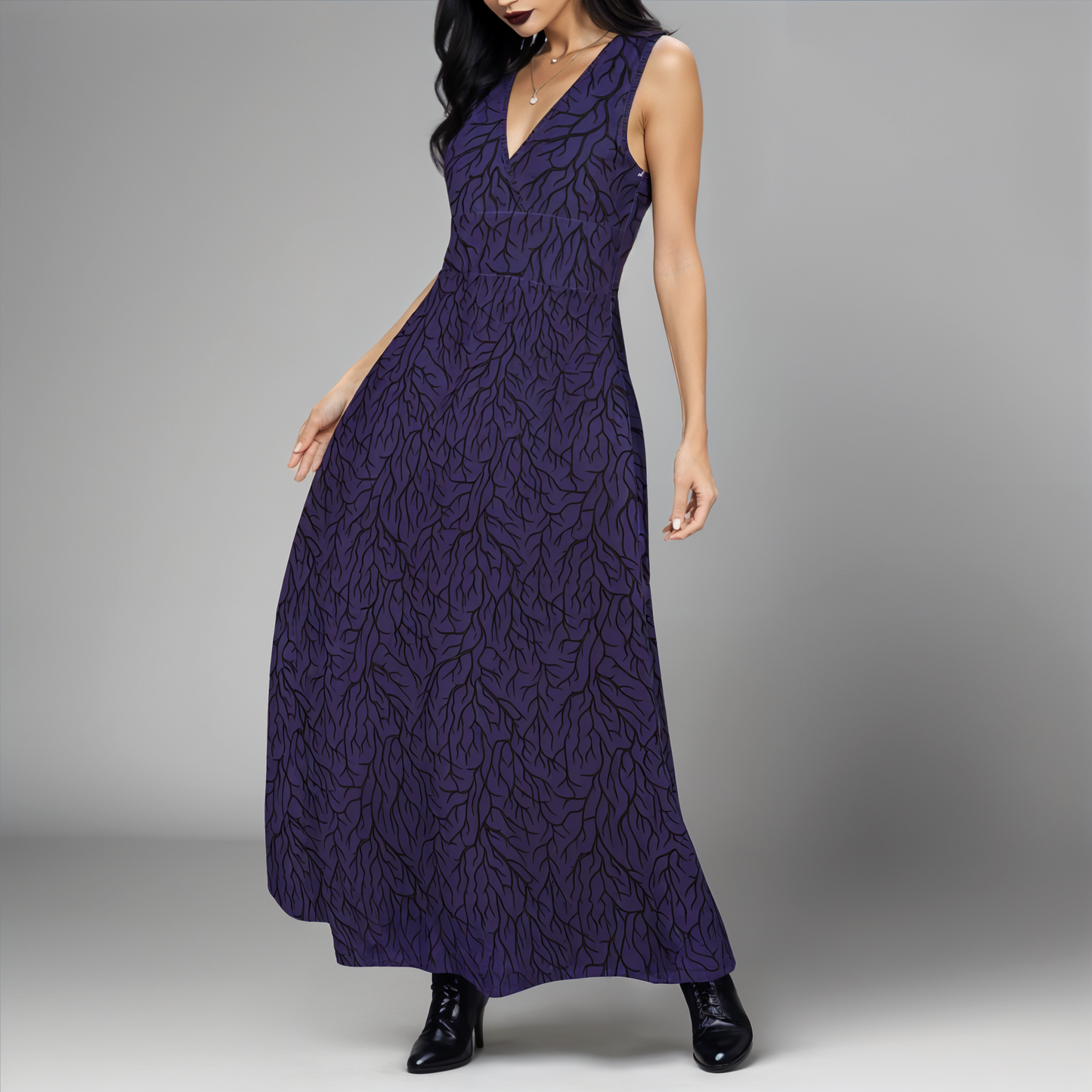 Dark Thorn & Vine Maxi-Dress with Pockets - Purple - Red Finch Creations