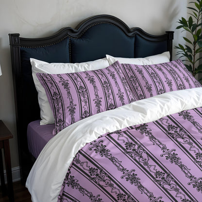 Bed with gothic skeleton purple and white patterned bedding and pillows against a dark headboard.