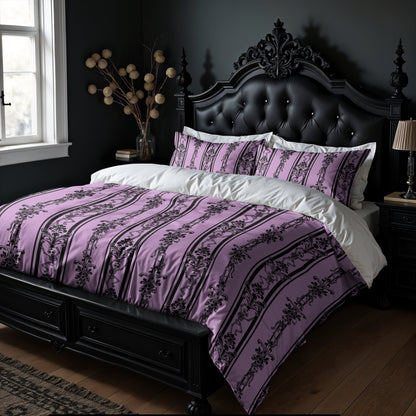 gothic Bedroom with a black bed frame and purple and white striped skeleton bedding.