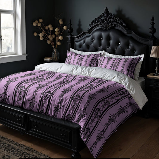 gothic Bedroom with a black bed frame and purple and white striped skeleton bedding.