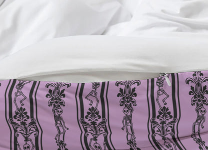 Purple fabric with black skeleton designs on a white background