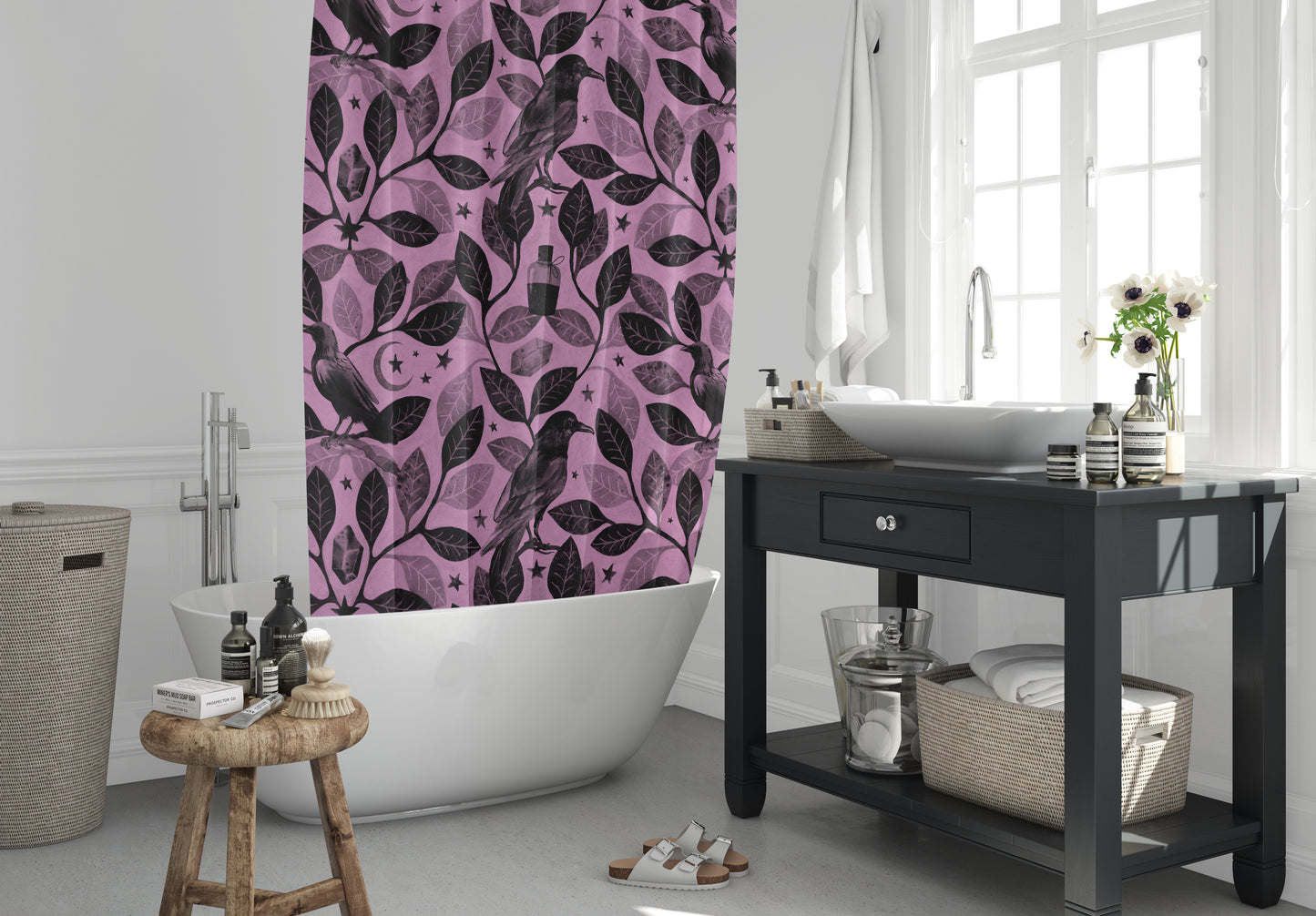 Witchy Watercolor Raven Shower Curtain - Pink - Red Finch Creations