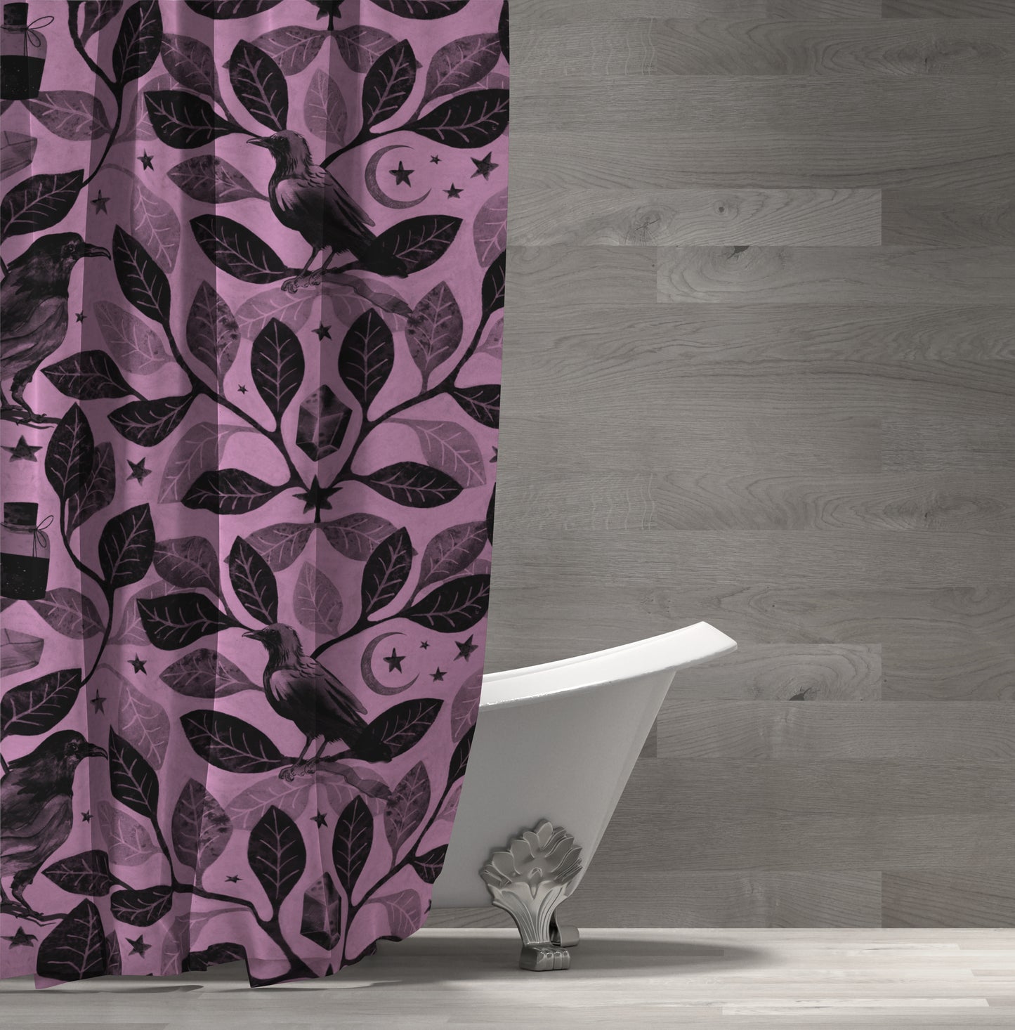 Witchy Watercolor Raven Shower Curtain - Pink - Red Finch Creations