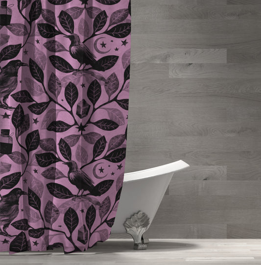 Witchy Watercolor Raven Shower Curtain - Pink - Red Finch Creations