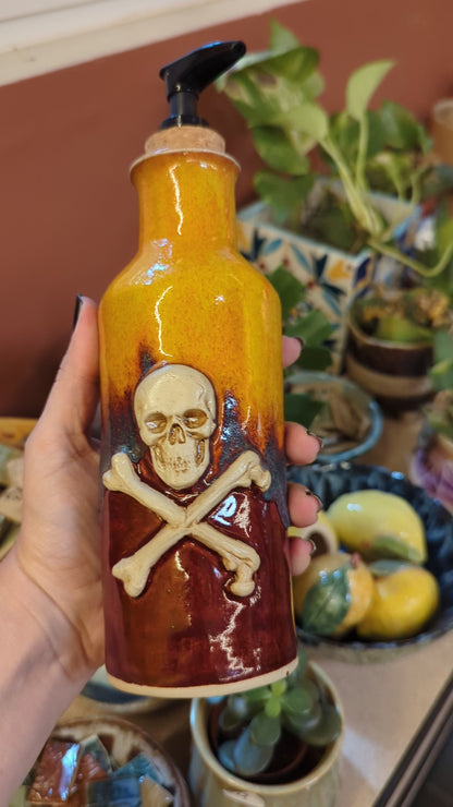 Handmade Skull & Crossbones Ceramic Dispenser – Gothic Apothecary Soap Bottle