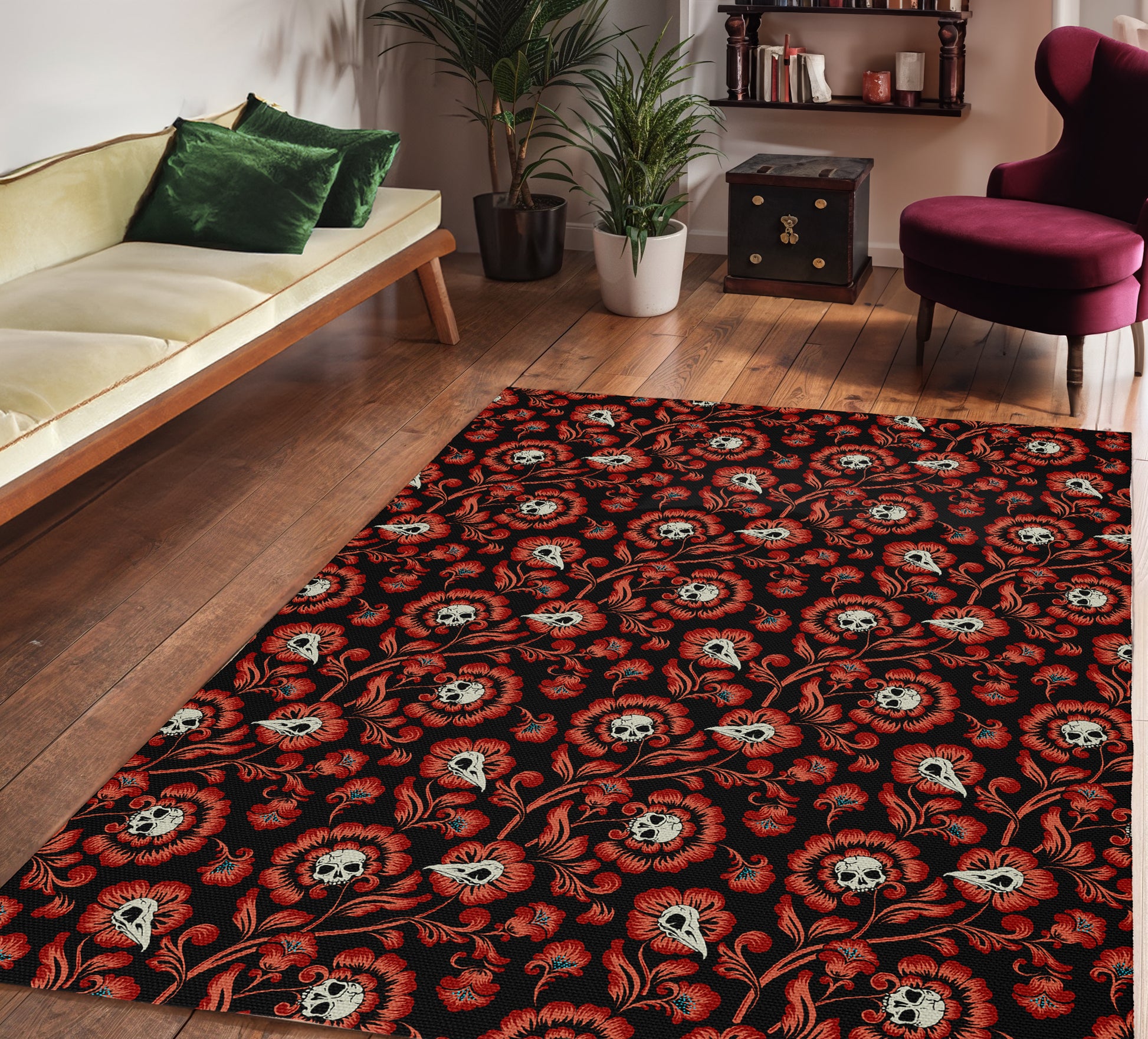 Victorian Floral Skull Indoor/Outdoor Area Rug - Red - Red Finch Creations