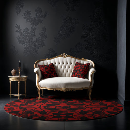 round_red_watercolor_botanical_skull_rug_and_throw_pillows_in_a_gothic_parlour_with_baroque_furniture