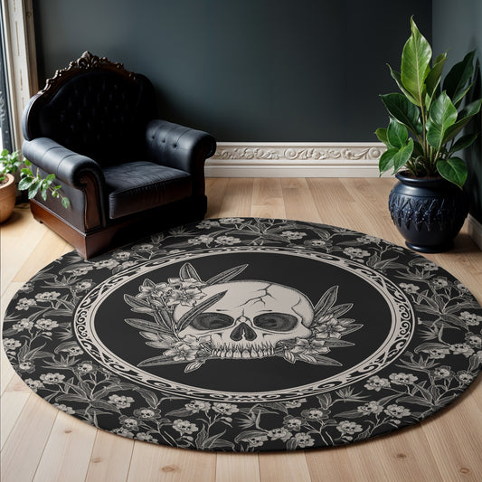 Gothic Floral Skull Flower Round Rug