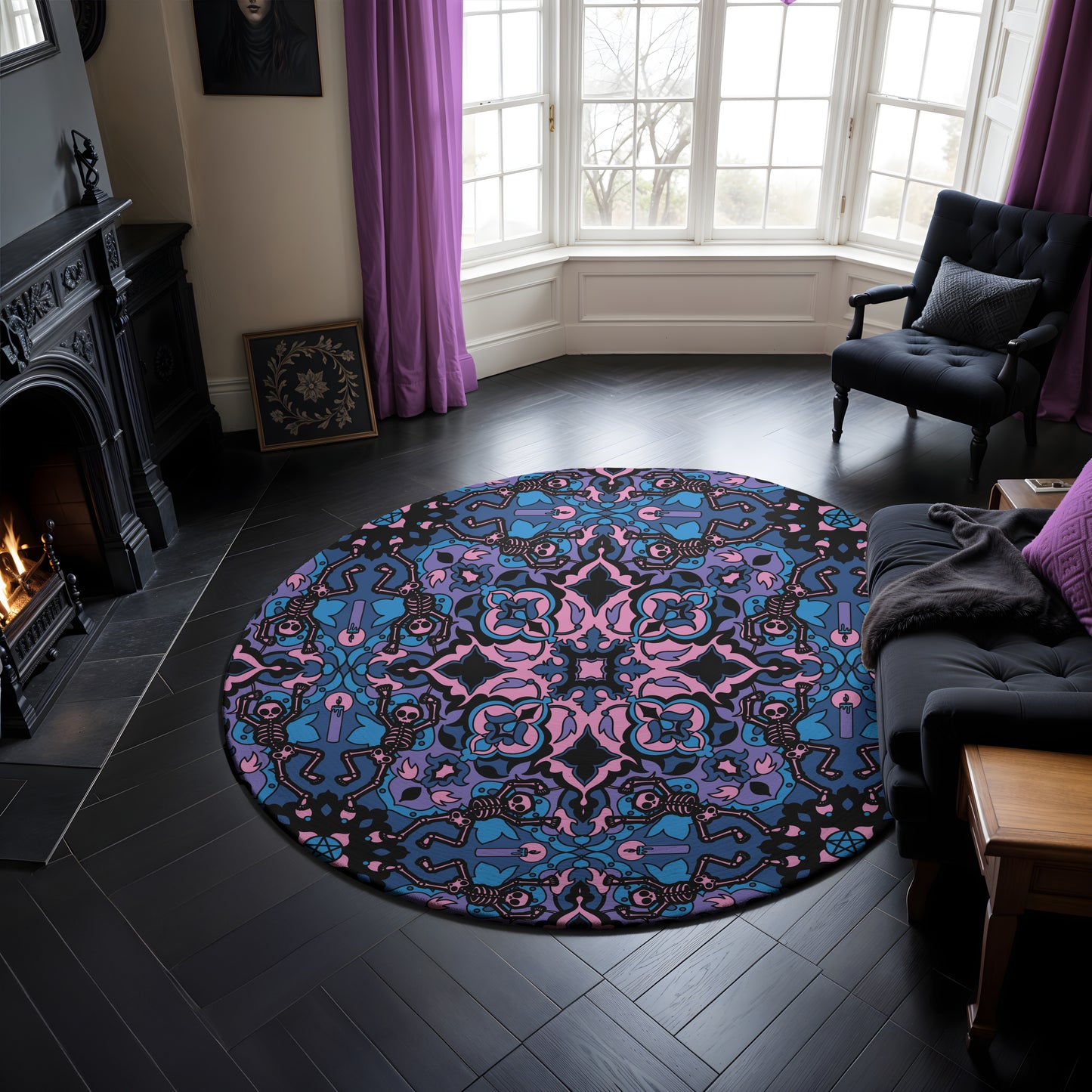 Dancing Skeleton Round Rug - Pink & Blue - Red Finch Creations