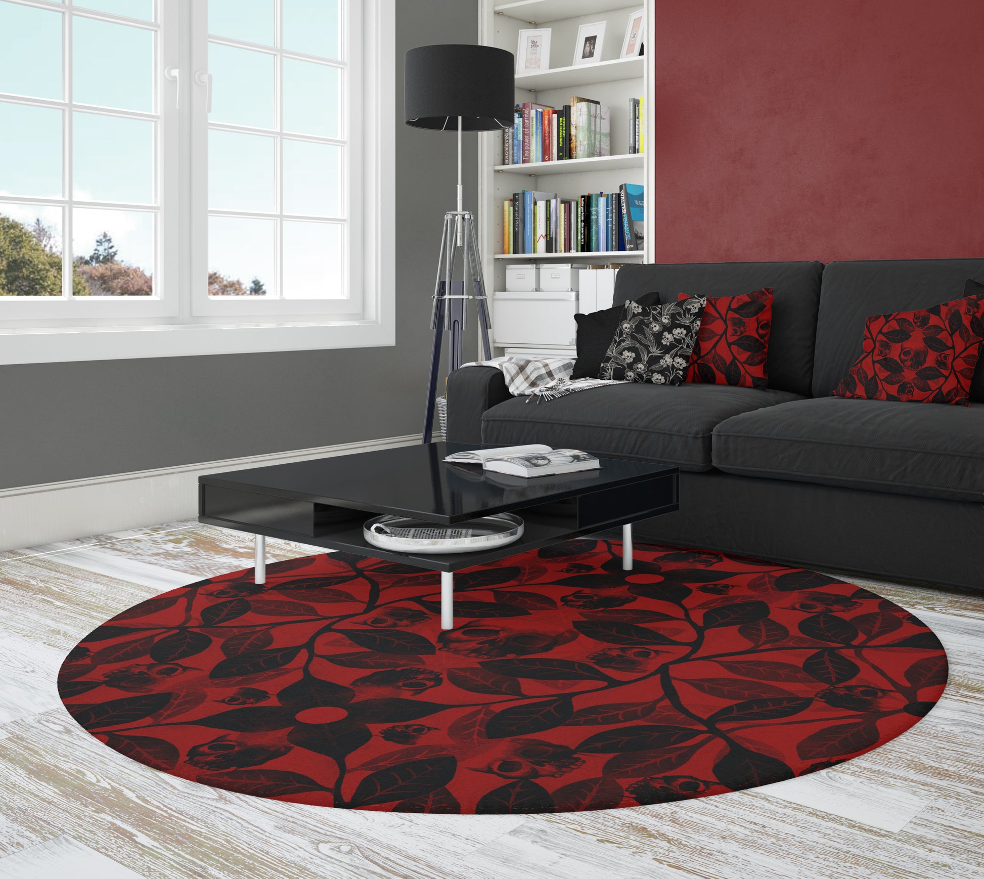 Watercolor Botanical Skull Round Rug - Red - Red Finch Creations