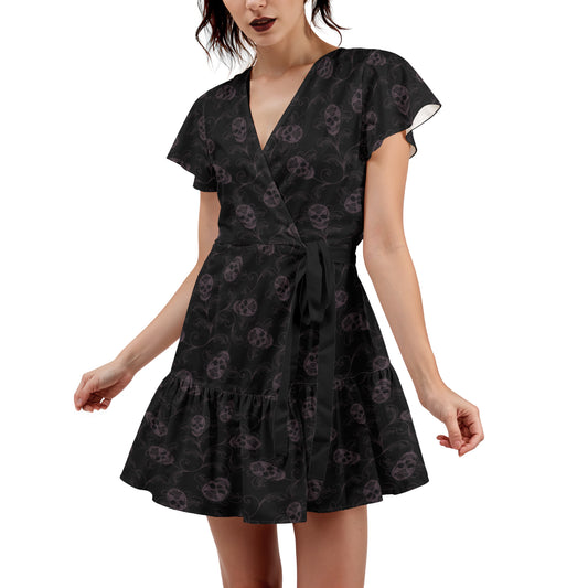 Dark Ornate Skull Flutter Sleeve Wrap Dress