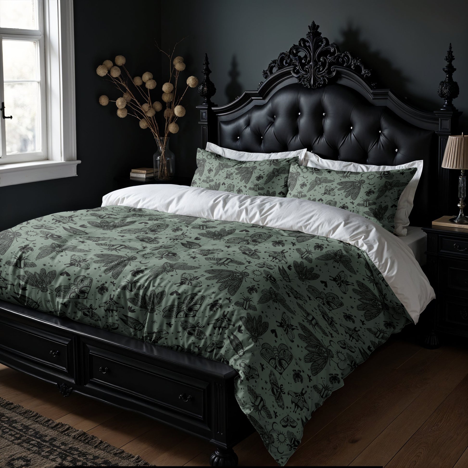 Dark bedroom with an ornate baroque bed and green moth and cicada bedding